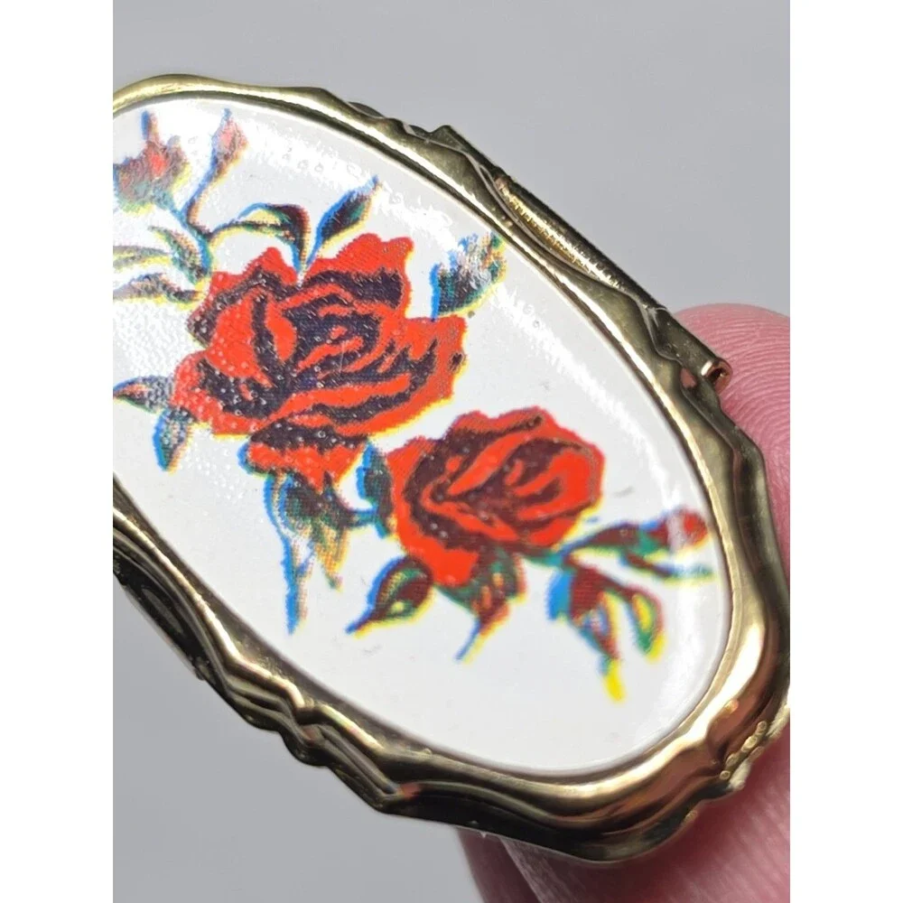 Vintage Lipstick Holder with Mirror Gold Tone Floral Decal Clip-On Vanity